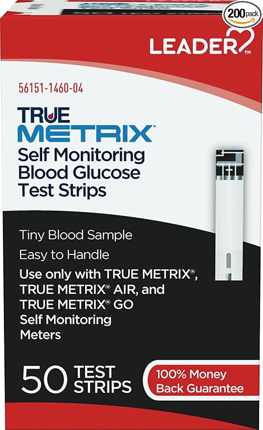 Leader True Metrix Self Monitoring Blood Glucose Test Strips, 50 Count Per Box - 4 Boxes