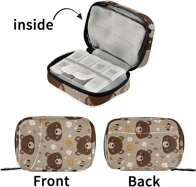 Brown Bear Bees Honey Travel Pill Organizer Case Box Container Weekly Portable Vitamin Medicine Holder Storage Bag with Zipper Removable
