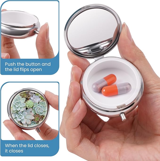 Mini Pill Box, Small Pill Box, Portable Pill Box, Cute Pill Organizer for Vitamins, Medications, Fish Oil and Supplements (Succulent)