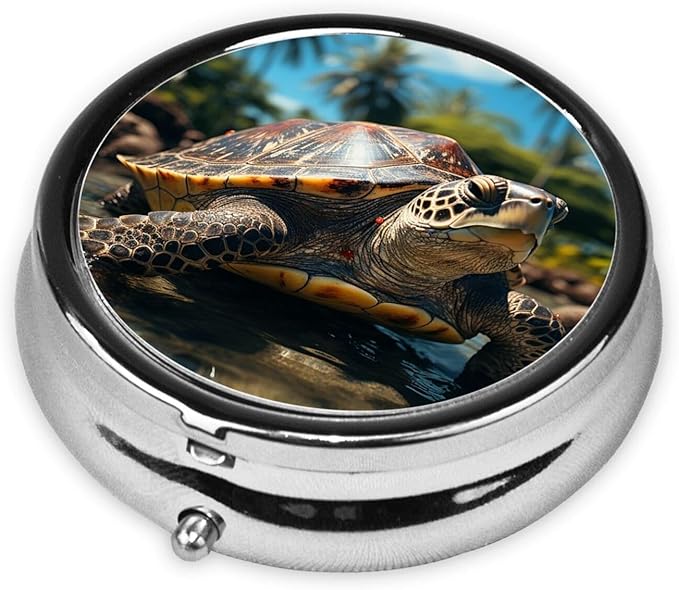 Big Turtle and Palm Trees Print Pill Box Round 3 Compartment Pill Case Portable Travel Pill Organizer Mini Medicine Storage Box for Pocket Purse Metal Decorative Pill Holder for Daily Medicine