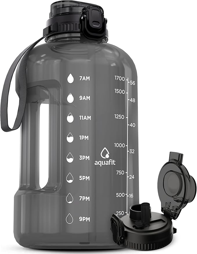 AQUAFIT Half Gallon Water Bottle with Time Marker - Straw & Chug Lid - BPA Free Gym Water Bottle with Straw - Big Gallon Jug (Gray, 64 oz - 2in1 Lid)