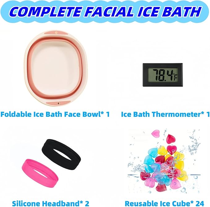 Face Bowl for Ice Bath, Cold Face Plunge Bowl Kit, Foldable Bowl for Face Ice Bath with Reusable Cubes, Portable Cold Plunge Face Bowl, Ice Bowl for Face Cold Plunge Chiller (Light Pink)