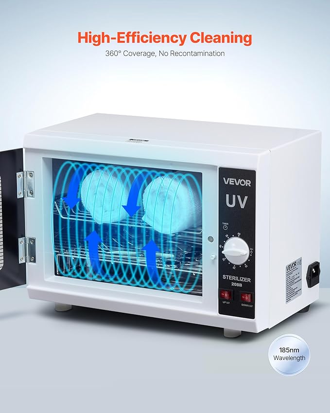 VEVOR Nail Tool Cleaning Machine, 12L Large Capacity, Knob Control, Tool Cabinet Cleaner Box with Timer Setting, Tempered Glass Door, 185nm Wavelength, for Labs, Home, Nail Salons, Beauty Salons
