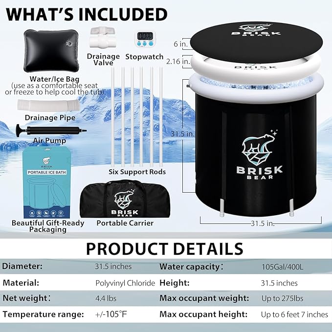 Ice Bath Tub for Athletes with Cover by Brisk Bear - Extra Large Cold Plunge Tub for Recovery - Inflatable Ice Bath Plunge Pool with Digital Timer - Cold Plunge to Soothe Muscles - Black Ice Tub