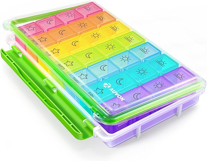 AUVON iMedassist Moisture-Proof Weekly Pill Organizer 4 Times a Day, Large 7 Day Pill Box Case with Portable Design for Travel, Removable Individual Containers Hold Vitamins, Supplements, Medications