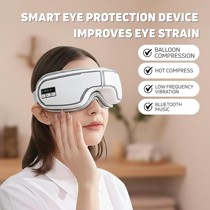 Kuyra Foldable Heated Eye Massager: Heat, Compression, Music & Adjustable Mask – Portable Eye Strain Relief, Dry Eyes Comfort, Relaxation Sleep Support, Holiday Birthday Gift Women & Men (White)