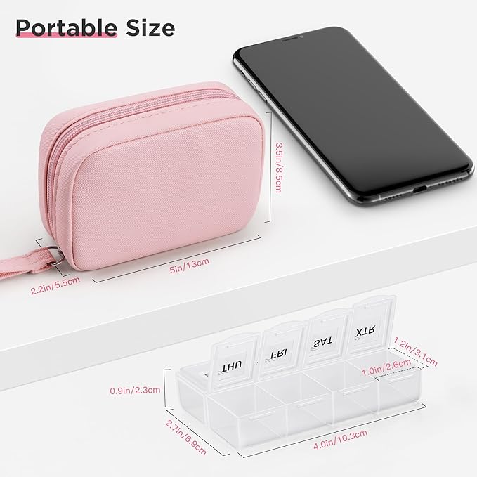 Zannaki Cute Pill Organizer for Purse with Two Removable 7-Day Pill Box, Travel PU Leather Pill Case, Portable Weekly Pill Container with Storage Bag to Hold Vitamins, Fish Oils, Supplements (Pink)
