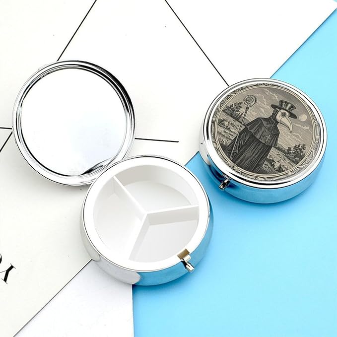 Pill Box-3 Compartment Small Pill Case, Portable Round Pill Box for Pocket or Purse, Decorative Metal Medicine Vitamin Organizer. (Doctor)