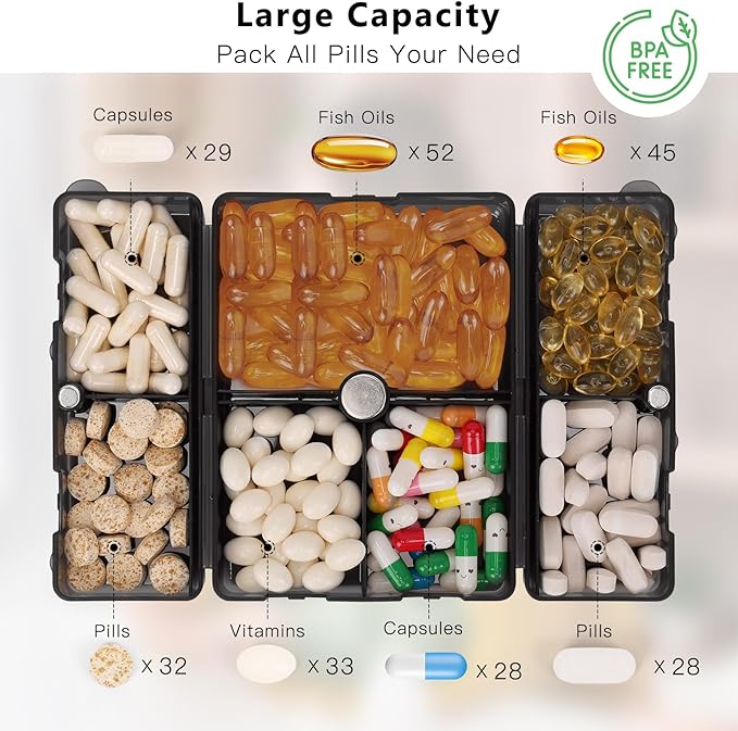 FYY Daily Pill Organizer,2 Pcs 7 Compartments Portable Pill Case Travel Pill Organizer,[Folding Design] Pill Box for Purse Pocket to Hold Vitamins,Cod Liver Oil,Supplements and Medication-Clear Black