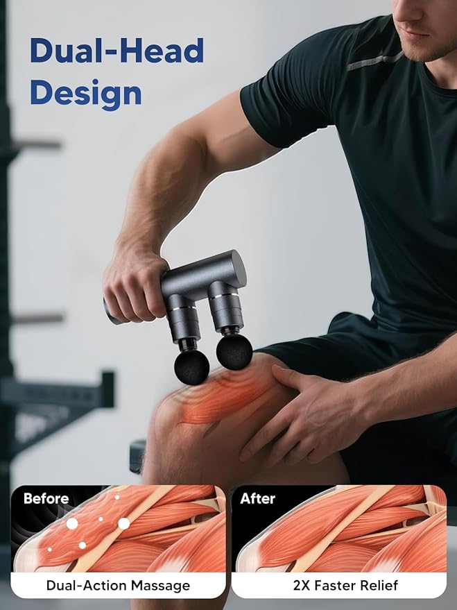 arboleaf Massage Gun Deep Tissue with Double Heads, Full-Metal Electric Portable Handheld Massager for Back, Shoulder, Sore Muscles, Pain Relief, 5 Modes, Seamless Speed Control