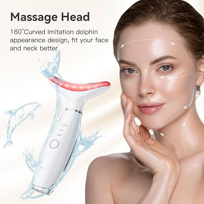 Face Massager -7 Color Red-Light-Therapy for Face and Neck for Wrinkles, Double Chin, Vibrating Facial Massager with Thermals (White)