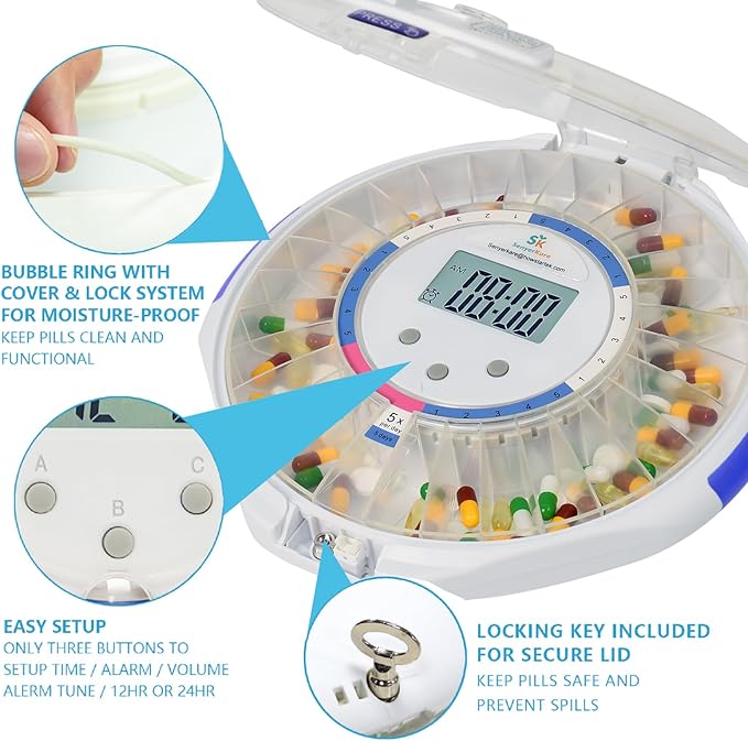 28-Day Automatic Pill Dispenser with Alarm for Elderly, Sound & Light Alerts, Easy-Read Display, 6 Dosage Templates, Locked Frosted Lid Medication Dispenser for Protecting Pills Privacy