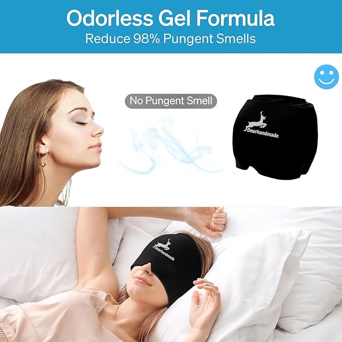 Migraine Relief Cap, One Size Fits All Hot/Cold Gel Head Wrap, Migraine Cooling Eye Mask, Strong Elastic Comfort Fit, Reusable Durable for Stress & Headache Relief, FSA|HSA Eligible, Gift Box (Black)
