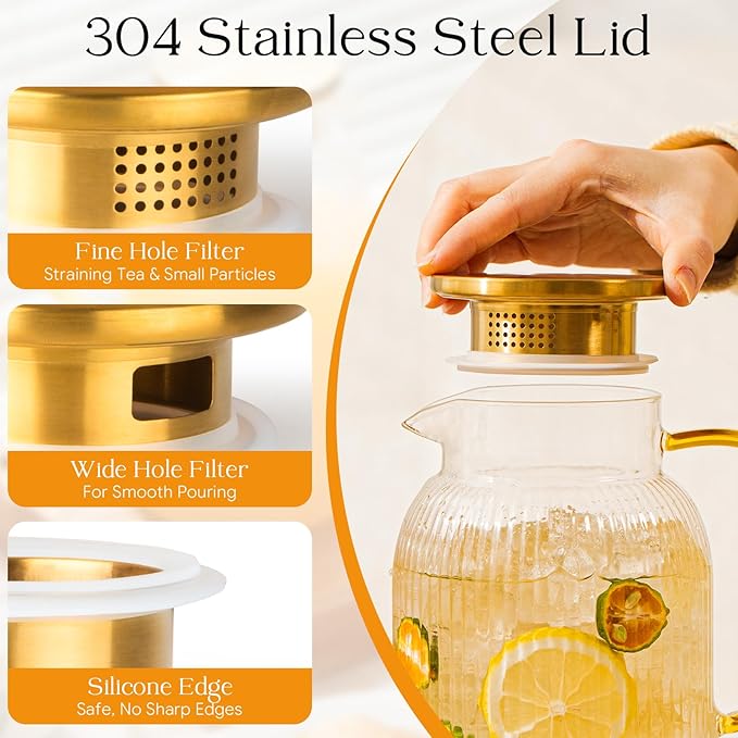 OneDream 2 Pack Glass Pitcher with Lid, 68 oz Heat-Resistant Borosilicate Glass Water Pitcher, Wide Mouth Round Glass Pitcher with Handle, Leak-Proof Silicone-Edged Lid, for Iced Tea, Coffee, Juice