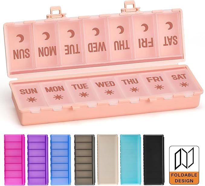 Foldable Pill Organizer 2 Times a Day w/Etched Labels -Dual Protection & Portable Weekly AM PM Pill Box, 7 Day Medicine Container, Large Travel Pill Case for Week Daily Supplement Vitamin - Pink