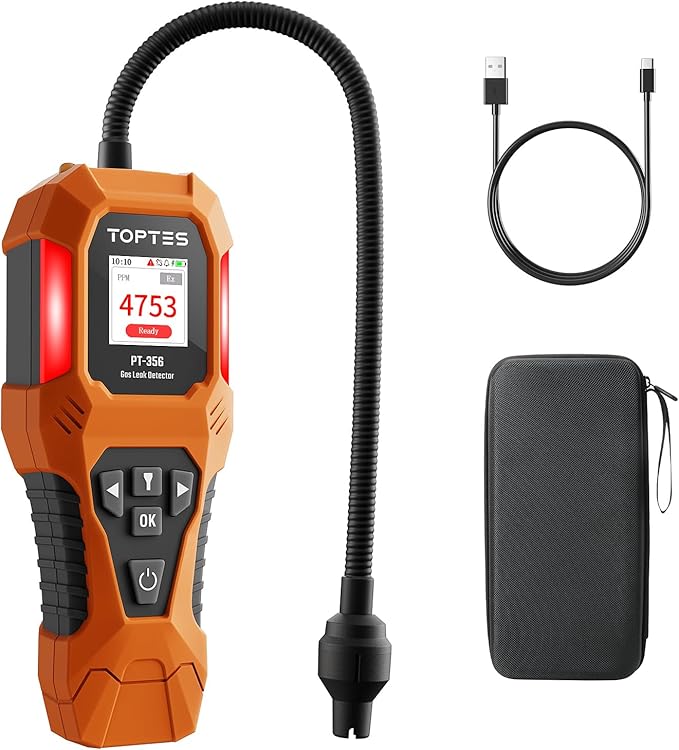 TopTes PT-356 Rechargeable Natural Gas Detector with 10 inch Goose Neck, Detection Range 0-20% LEL, 3 Alarm System Gas Leak Detector with 2 Display Modes for Methane, Butane at Home or Industry