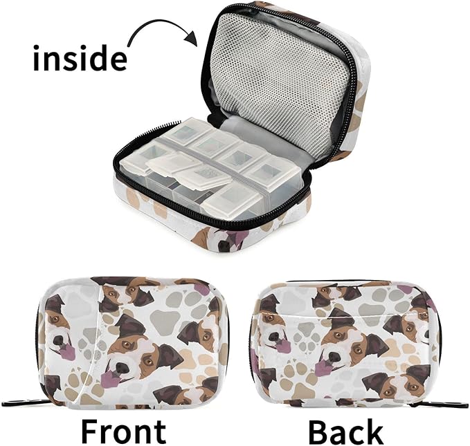 Jack Russell Terrier Dog Pill Box 7 Day Pill Case Travel Pill Organizer Bag with Zipper Portable Weekly Vitamin Medicine Supplement Holder Pouch Bag