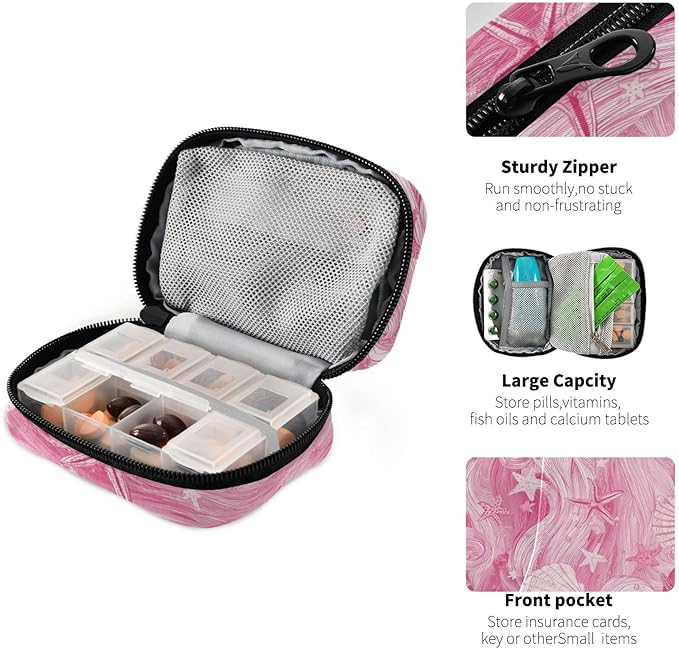 Bright Pink Waves Starfish and Shells Travel Pill Organizer Case Box Container Weekly Portable Vitamin Medicine Holder Storage Bag with Zipper Removable