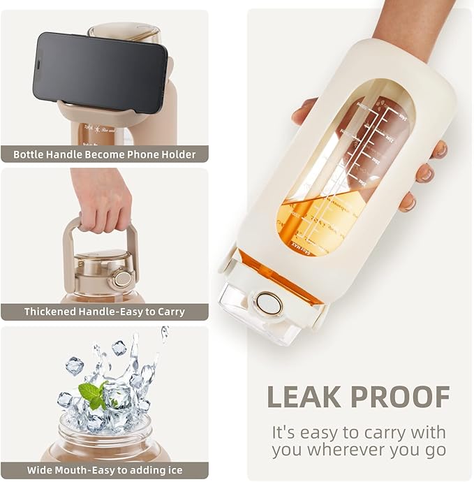 Glass Water Bottle with Straw and Handle Lid Half Gallon Motivational Glass Bottle with Silicone Sleeve and Time Marker Large Reusable Sports Water Jug for Gym Home Workout