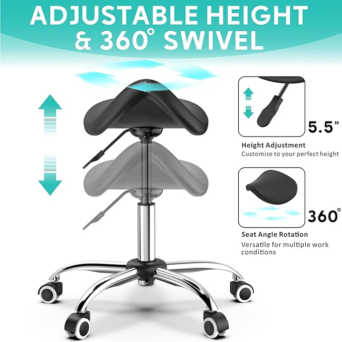 Professional Saddle Stool with Wheels Rolling Saddle Stool with Extra-Wide Base Heavy-Duty Stable Stool Adjustable Height Ergonomic Chair for Office, Workshop, Salon & Clinic