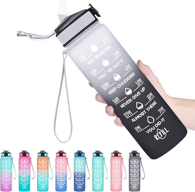 Hyeta 32 oz Water Bottles with Times to Drink and Straw, Motivational Water Bottle with Time Marker, Leakproof, Drinking Sports Water Bottle for Fitness, Gym and Outdoor