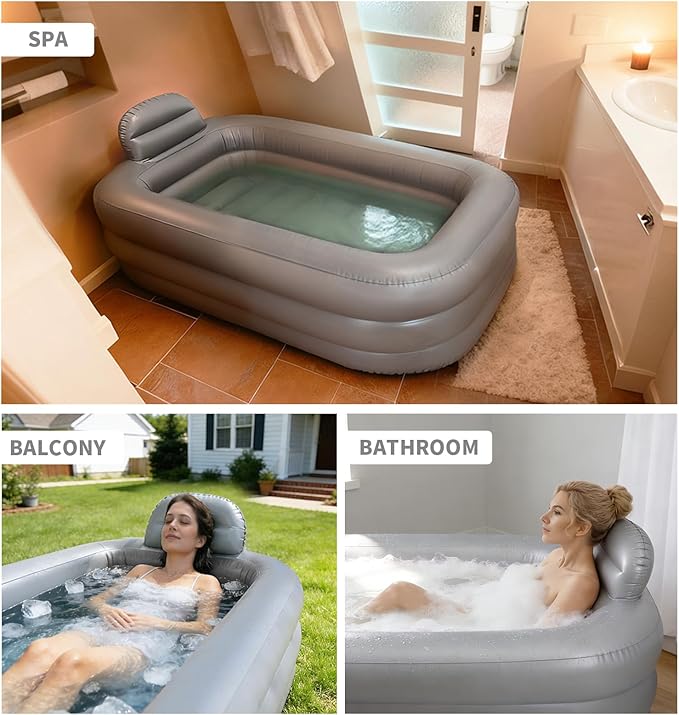 Inflatable Bathtub Adults - Blow Up Bathtub Adult for Indoor Shower Use, Portable Bathtub Adult with Cover, 62.2x37.4x17.72in, Light Grey