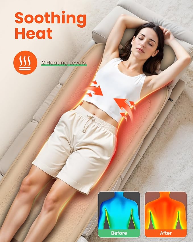 Full Body Massage Mat with Heat, Vibration Back Massager, Massage Chair Pad, 10 Vibration Motors, 2 Heating Levels, Removable Lumbar Traction & Relaxation, Foldable, Gifts
