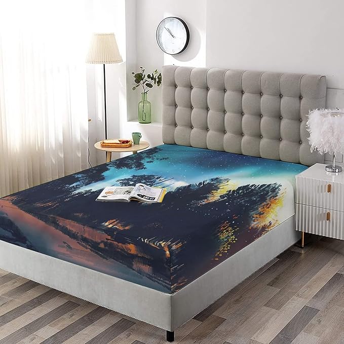 Decorative Bedding Sheet Set Twin XL Size, Fantasy Deep Pockets Fitted Sheet & 2 Pillow Sham Set(No Flat Sheet), Aurora Borealis Night Print Microfiber 3pc Bed Sheets Set, for Women & Men Bedding