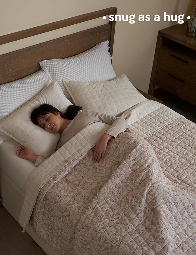 YnM 12lbs Weighted Blanket for Adults, Linen Heavy Bed Throw Blanket with Cooling Glass Beads for All Season Use, Ideal for ~110lbs (60x80 Inches, Queen, Campanula)