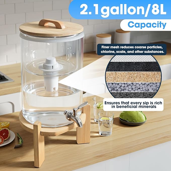 water filter dispenser Countertop water purifier System 2.1 Gallon Glass water filter with Wooden Stand and 1 Filters for Home and Office