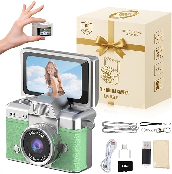 Vintage Mini Digital Camera Retro Mini Digital Video Keychain Camera Small Bodycam 1080P HD 0.96" IPS Screen Type-C 64G Card Included Portable for Photography Enthusiasts Travel (Green)