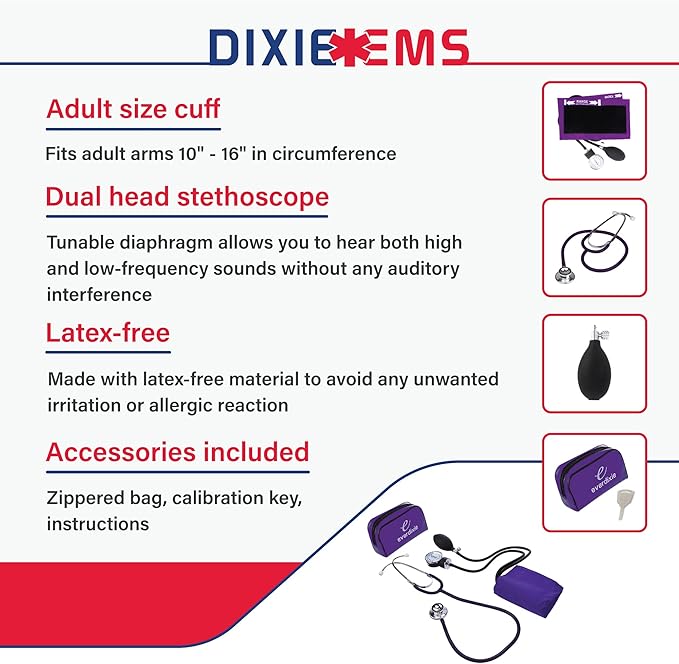 Dixie EMS Aneroid Sphygmomanometer and Dual Head Stethoscope Set with Adult Size Blood Pressure Cuff, Calibration Key and Carrying Case – Purple
