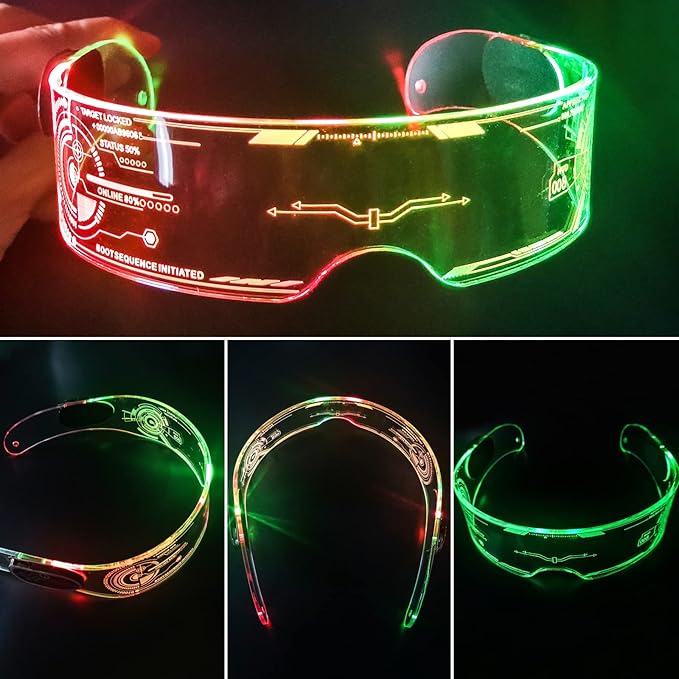 Fency Cyberpunk Glasses, USB Rechargeable LED Glasses whit Bilaterally Controllable, 7 Colors Changing Flashing