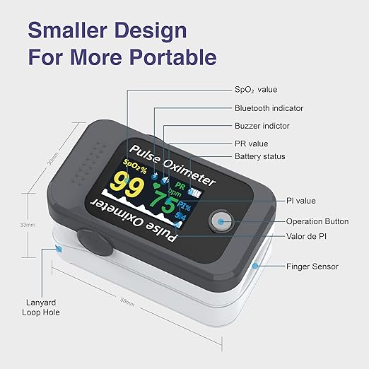 Fingertip Pulse Oximeter,Blood Oxygen Saturation Monitor,High Accuracy O2 Meter for All Skin, Portable SPO2 & Pulse Rate Monitor for Children Adults,Batteries and Lanyard Included (BM1000C-bluetooth)