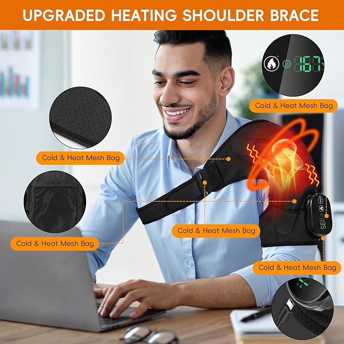 Shoulder Heating Pad, Cordless Electric Heating Pad for Shoulders with 3 Vibration Mode, 3 Heat Adjustable, Portable Heated Wrap for Shoulder Pain Relief, Chrismas Birthday Gift for Women Men