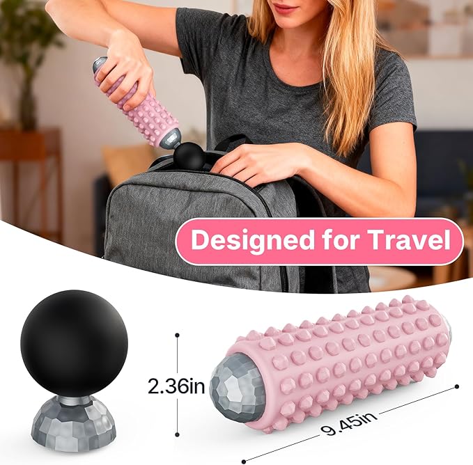 Mini Electric Massage Roller 4 Speeds Vibrating Massage Ball, 2-in-1 Portable Muscle Massager Gun & Roller for Muscle Relief, Detachable Heads, Rechargeable, For Fitness, Office, Travel (Pink)
