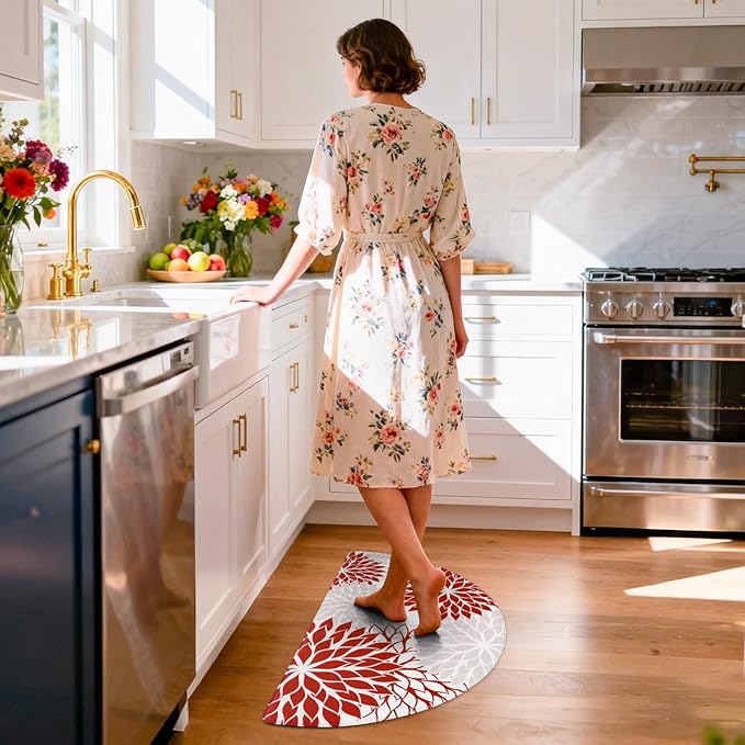 PVC Anti-Fatigue Semi Circle Kitchen Mats, Non-Slip Kitchen Rugs, Comfort Standing Runner Rug, Multipurpose Indoor Mats for Laundry, Office, Bedroom, Sink, Bathroom,red,size18 x30