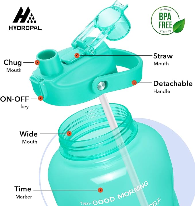 HydroPal 1 Gallon Water Bottles with Straw, 128 oz Water Bottle BPA Free Innovative 2-IN-1 Lid Gym Bottle with Times to Drink Motivational, Large for Sports Fitness Camping Water Jug （13.8X5.5 inch）