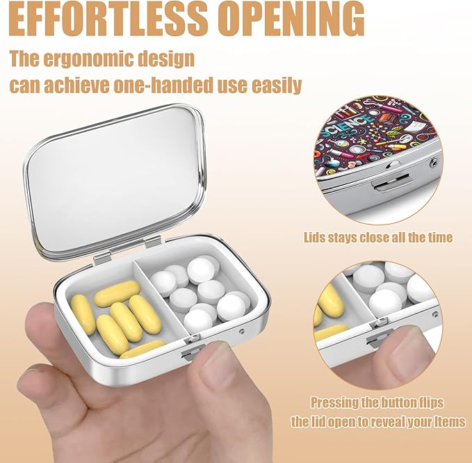 Pill Box-2 Compartment Small Pill Case Square Organizer Case with Mirror Portable Metal Medicine Box Travel Container for Pocket & Purse Women Men(Science)