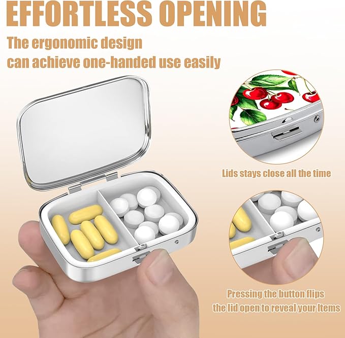 Pill Box-2 Compartment Small Pill Case Square Organizer Case with Mirror Portable Metal Medicine Box Travel Container for Pocket & Purse Women Men(Cherry)