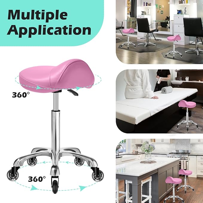 Saddle Stool with wheels Ergonomic - Heavy Duty 400lbs, Upgraded Thick Saddle Cushion, Healthy Posture Correction, Swivel Adjustable Rolling Saddle Stool, Saddle Chair for Salon Massage Home (Pink)