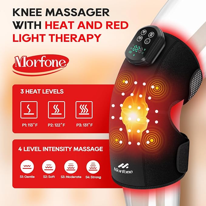 Morfone Red Light Therapy Device for Knee,3 Vibration Modes and 4 Heating Levels,5000mAh Wireless Rechargeable, 660nm and 850nm Infrared Red Light Therapy for Knee,Gifts for Women Men