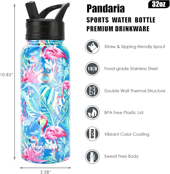 Insulated Water Bottle 32oz, Stainless Steel Water Bottle with Straw & Spout Lids & Paracord Handle | with Straw, Spout Lids, Paracord Handle