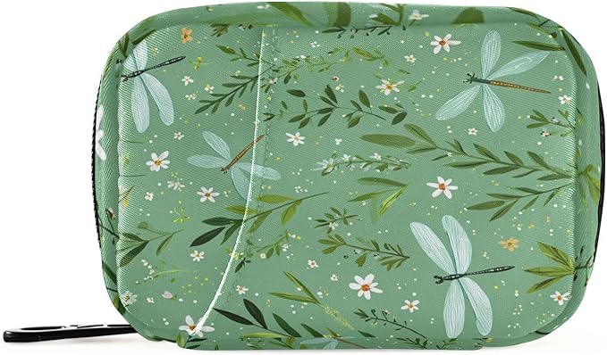Pastoral Green Dragonflies Flowers Leaves Travel Pill Organizer Case Box Container Weekly Portable Vitamin Medicine Holder Storage Bag with Zipper Removable