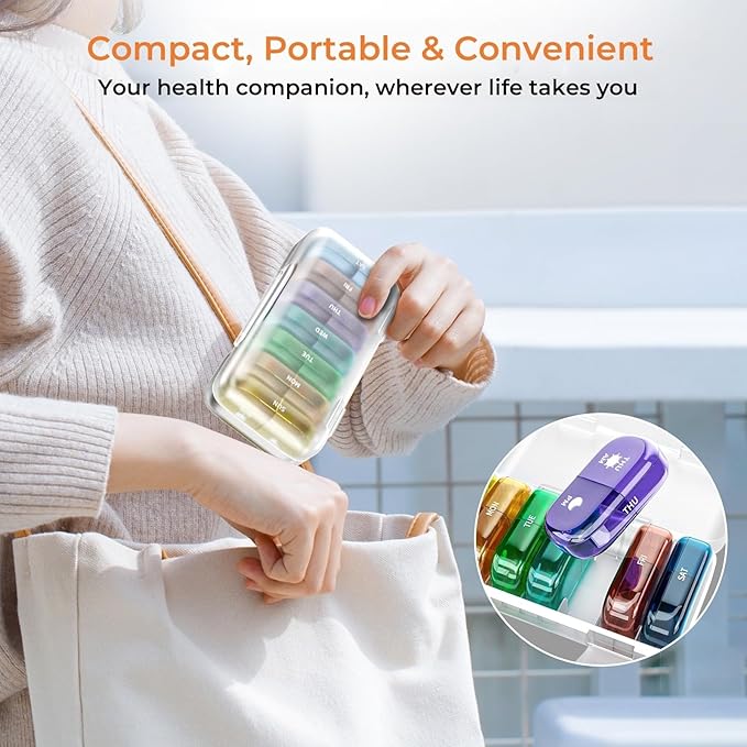 Pill Organizer 2 Times A Day, 7 Day Am Pm Pill Box - Weekly Pill Organizer Twice A Day, Portable Removable Daily Medicine Container Dispenser Case for Vitamin Fish Oil Supplement, BPA-Free (Rainbow)
