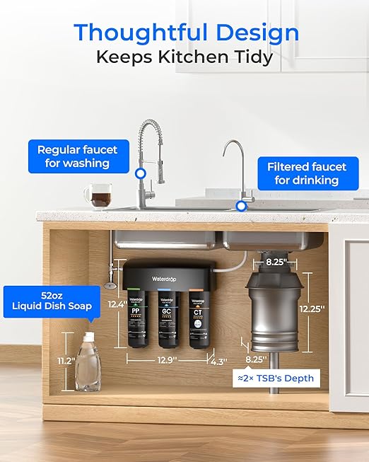 Waterdrop TSB 8 Layer Under Sink Water Filter, Reduces PFAS, PFOA/PFOS, Fluoride, Chlorine, Bad Taste & Odor, with Dedicated Faucet, NSF/ANSI 42 Certified Element, Under Sink Water Filtration System