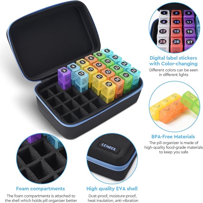 Monthly Pill Organizer 3X a Day with Portable 7-Day Travel Medicine Organizing Bag,Large Pill Box with 32 Daily Compartments,30 Day Pill Case Medicine Organizer for Vitamin,Supplement and Medication