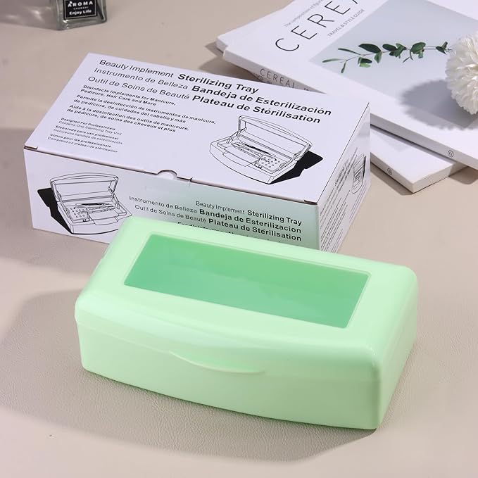 Nail Tool Sterilizer Box Plastic Disinfectant Container for Nail Art Accessories Tools, Sterilizer Soaking Box with Strainer Pedicure Manicure Cleaning Equipment, Green