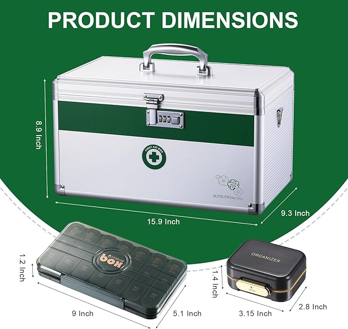 Medicine box with lock 15.9 x 9.3 x 8.9Inches [Extra Large], Medication Lock box ，First Aid Key Safe Box with Lock, Medical Box Organizer