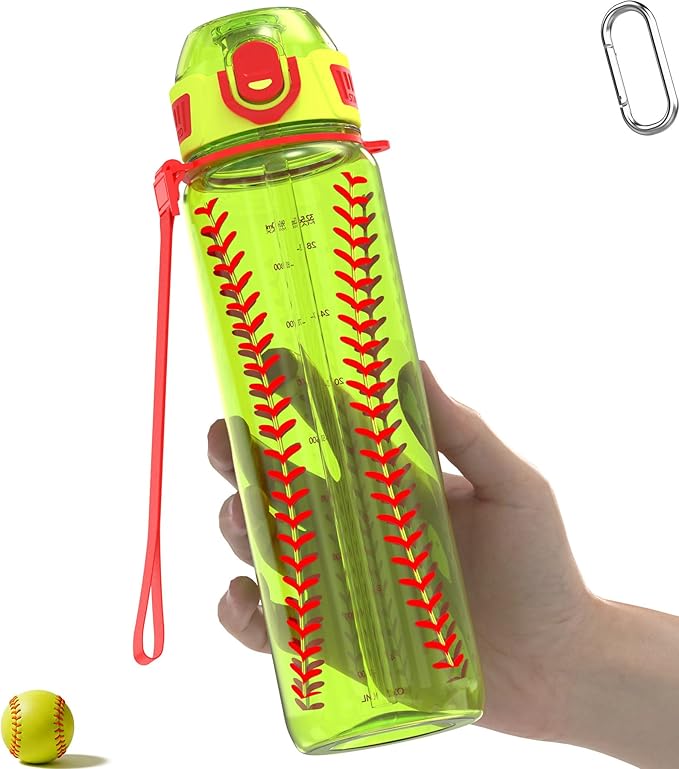 32oz/1L Sport Water Bottle, Light Tritan, Quick-Open Chug Lid/Straw 2-in-1, Leak-Proof, Dishwasher-Safe, BPA-Free, Drop-Resist & Scratch-Resist for Travel/Gym/Office/Fan Gift (Softball)